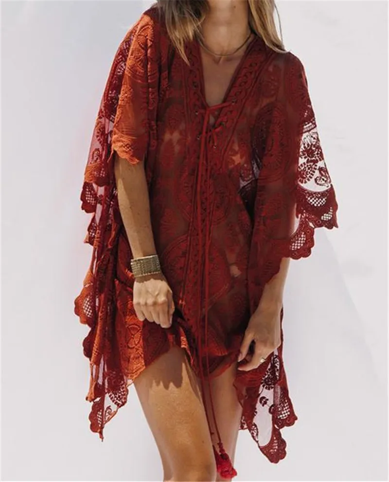 

2019 Lace Beach Pareo Beachwear Swim suit Cover up Playa Pareo Tunics for Beach Tunic Swimwear Women Lace Beach Dress