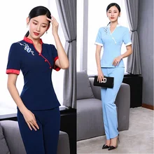 Китайский стиль спа униформа для салонов красоты косметолога одежда скрабы медицинская униформа для женщин спа массаж Униформа косметолога DD2060