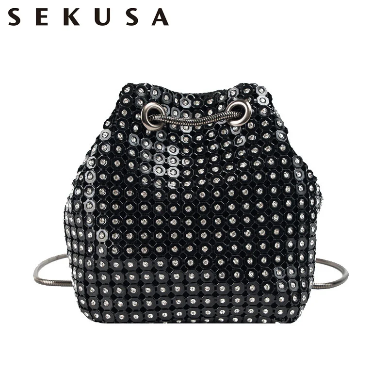 SEKUSA Sequined Women Day Clutches Diamonds Hollot out Chain Shoulder Handbags Silver Black Gold Soft Evening Bags
