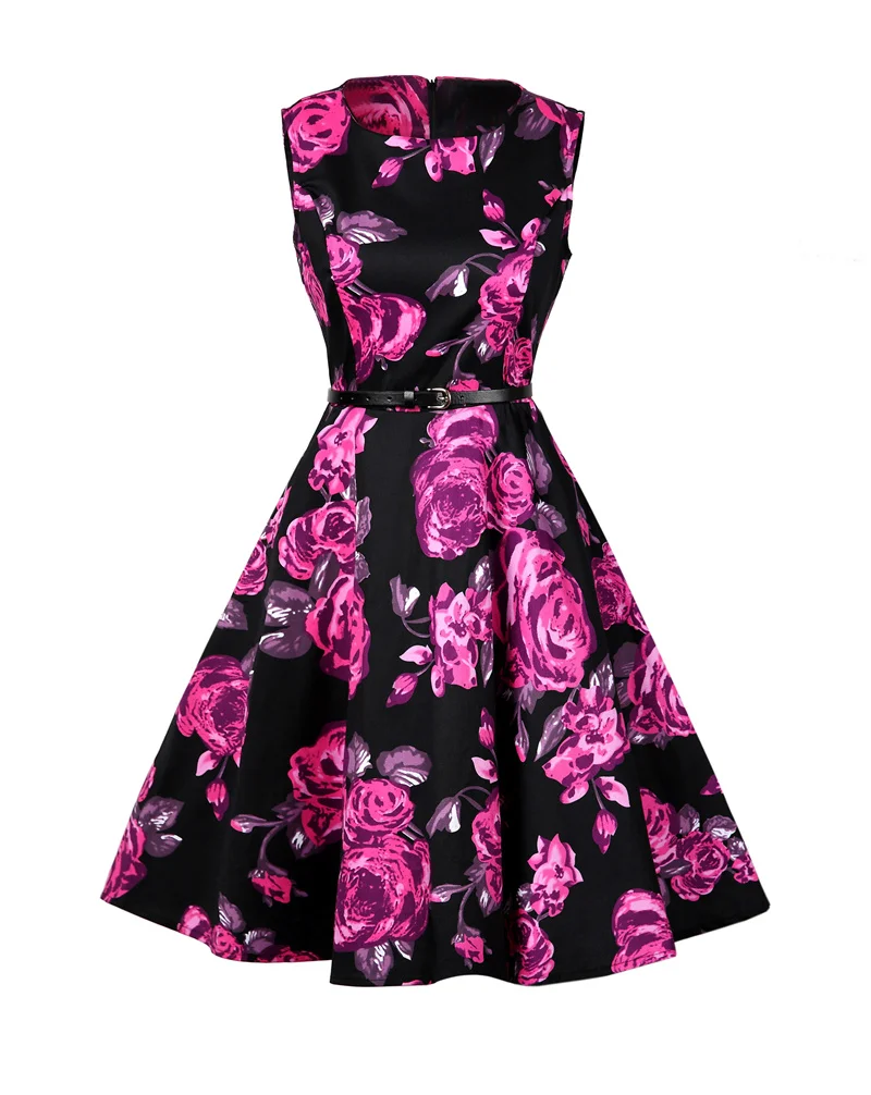 Kostlish 2017 New Summer Dress Women Floral Print Audrey Hepburn 50s 60s A-Line Vintage Dress Sleeveless Party Dresses Plus Size (136)