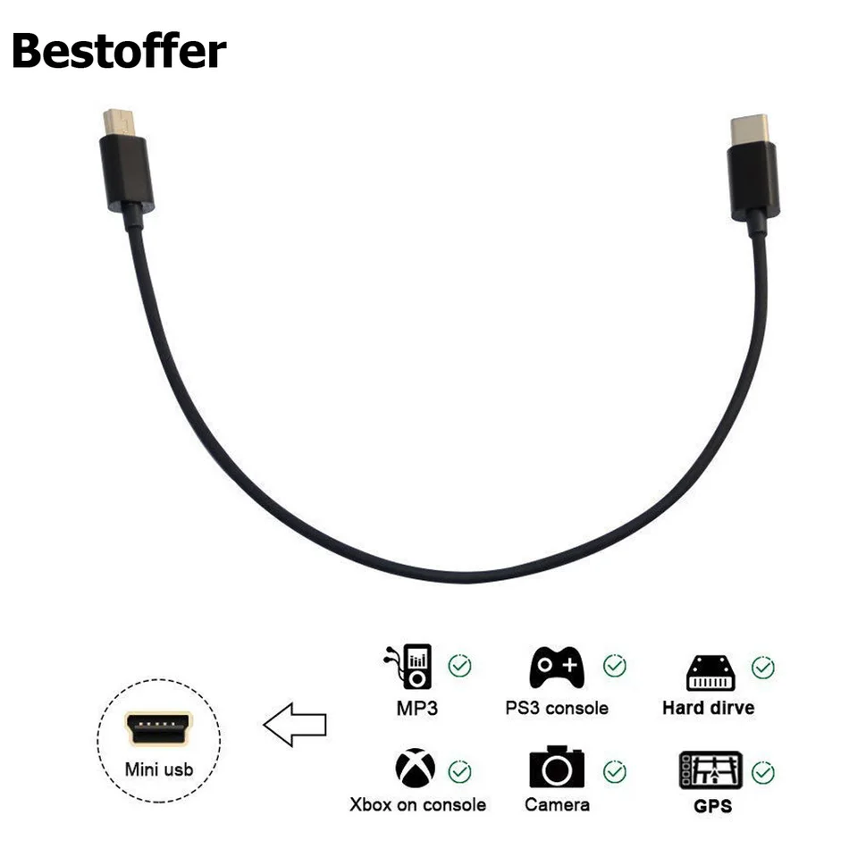 Мини-usb к USB-C кабель USB C к мини-b шнур для GoPro Hero 3+ PS3 контроллер и мини-b устройств 25 см/черный