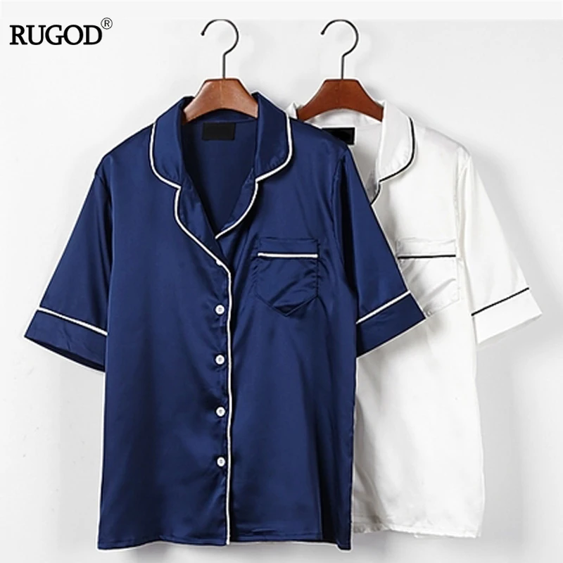 

RUGOD Summer Style Pajamas Set Silk Fashion Women Sleepwear Pajamas Twinset--Shirt and Shorts Loose Casual Solid Satin Nightwear
