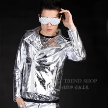 S-5XL! European and American fashionable men's rivet silver motorcycle leather club singer Korean version of stage wear
