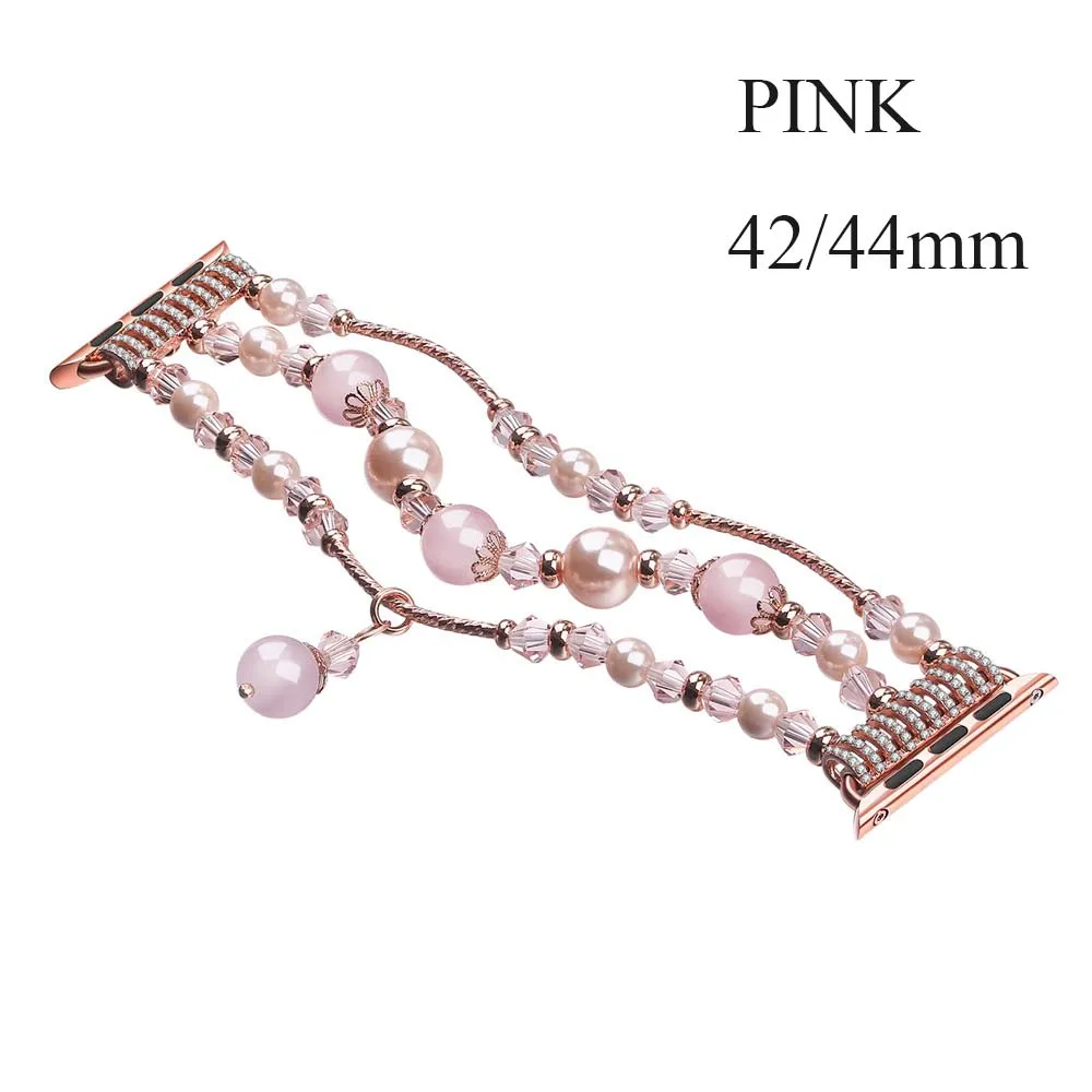 42 44mm pink Ремешок для часов из нержавеющей стали Bling Для женщин агатовыми бусами Ремешок Браслет ремешок для наручных часов Apple Watch 4/3/2/1 38 мм/40 мм 42 мм/44 мм - Цвет: 42 44mm pink