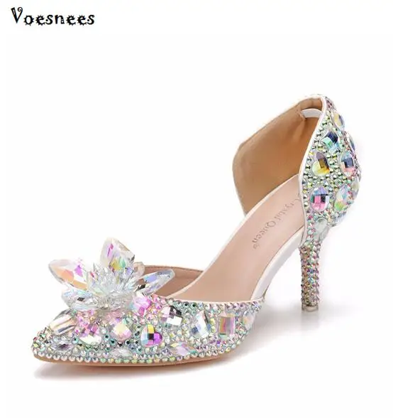 Свадебные туфли-лодочки с серебряными цветами и стразами; вечерние туфли на высоком каблуке 7,5 см; туфли Золушки со стразами; Свадебная обувь