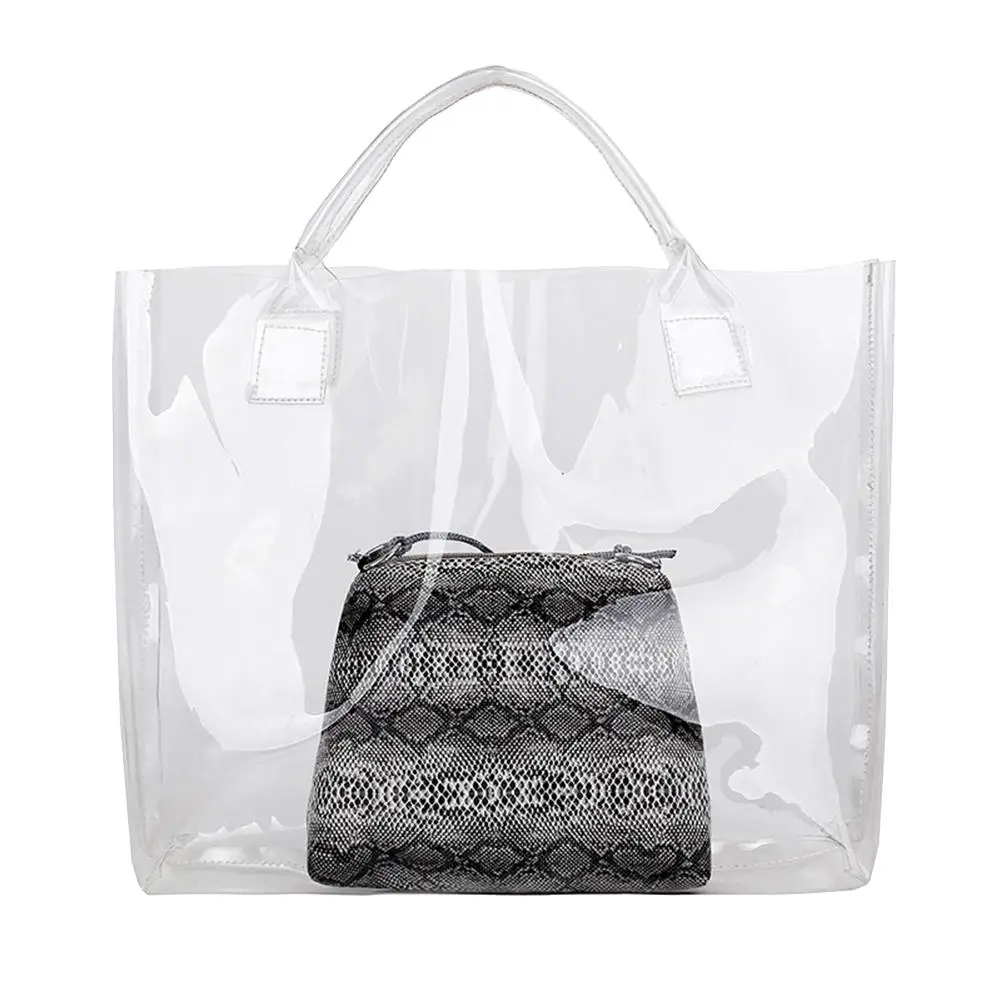 

2Pcs/Set Lady Summer Beach Transparent Handbag Tote Snakeskin Print Shoulder Bag