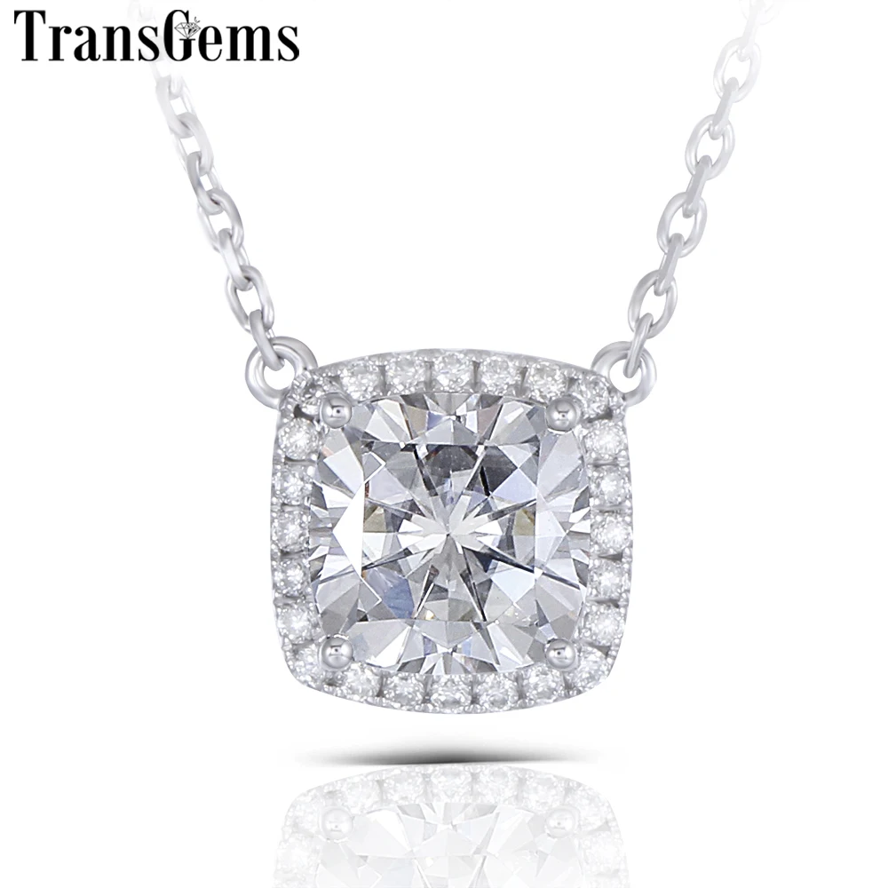 

Transgems Solid 14K 585 White Gold Center 1ct 6MM Cushion Cut F Color Moissanite Pendant Necklace for Women Wedding Halo Pendant