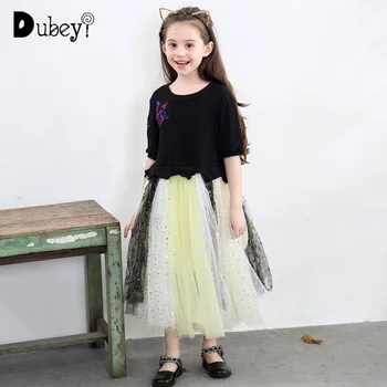 

Summer Black Stars Long Tulle Dress Elegant Holiday Party Dress for 3-10 Years Old Girl Half Sleeve Kids Frocks Clothes
