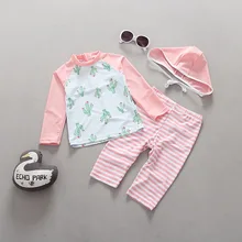 Детский купальный костюм с длинными рукавами, солнцезащитный, анти-УФ, купальник для девочек, раздельный, с рисунком кактуса, детский купальник с шапочкой для плавания