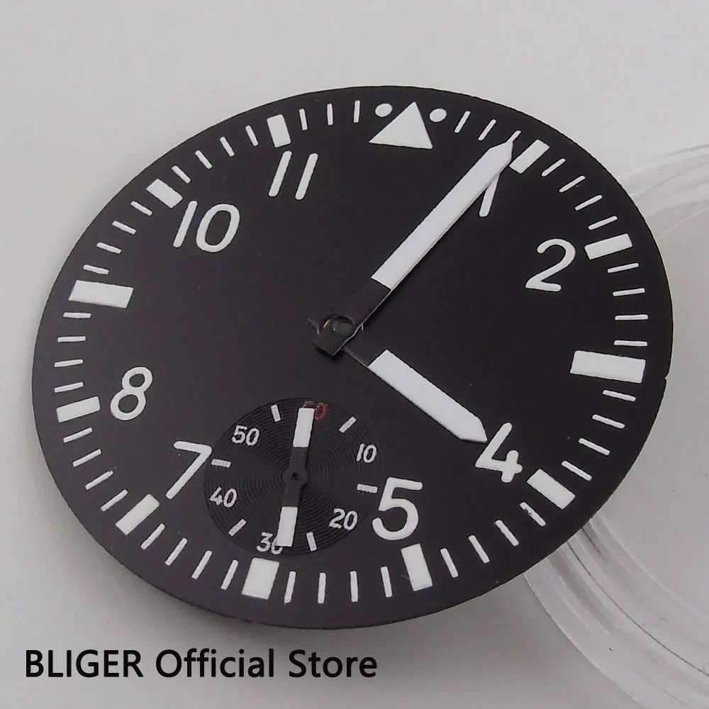 

High quality 38.9mm Black Sterile Dial White Numerals Marks Watch Dial Fit For ETA 6498 Hand Winding Movement D79