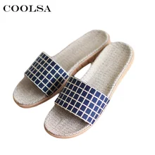 Coolsa/Новинка; летние мужские домашние Вьетнамки; льняное белье; тапочки; льняная клетчатая ткань; шлепанцы; плоский без скольжения; унисекс; Мужская Повседневная пляжная обувь