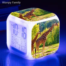 Животное Жираф Будильник 7 цветов светящийся светодиодный большой экран отображает время дата термометр сенсорный зонд цифровые часы