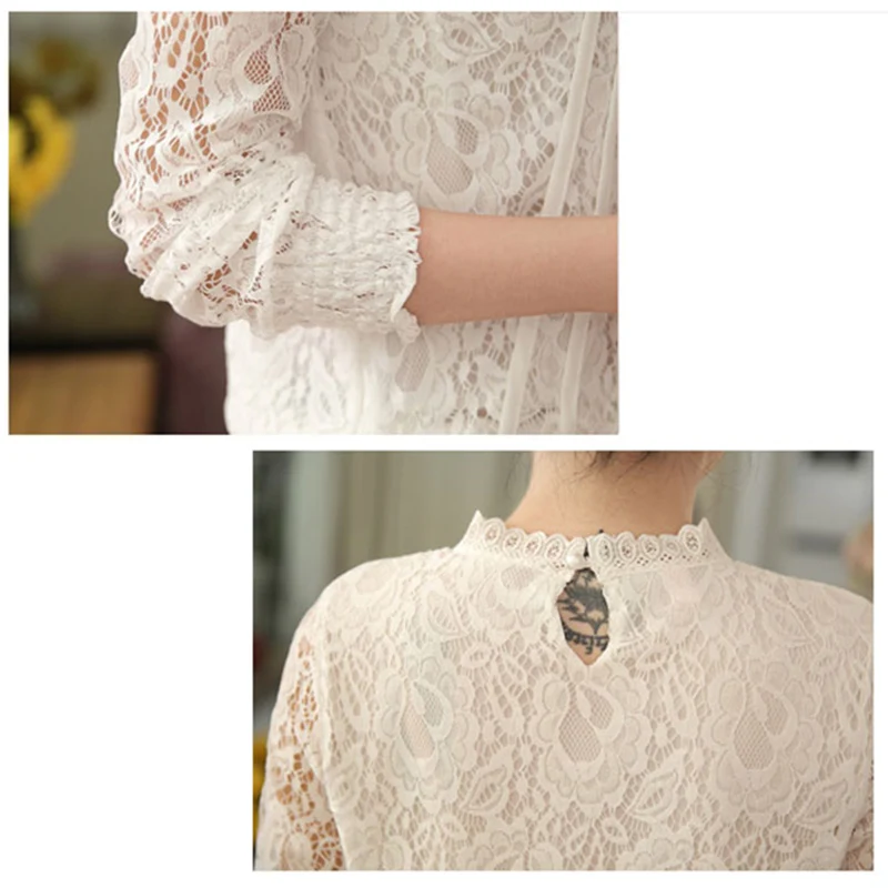 Вязаная крючком Женская кружевная блузка белая рубашка размера плюс с круглым вырезом Блуза цветочный принт элегантные Blusas Mujer De Moda ВЕСНА Новинка