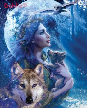 

All In The Moonlight Wolf and Girl Art Needlework Embroidery DIY Cross Stitch Kits Crafts 14CT Unprinted Home Decor Handmade