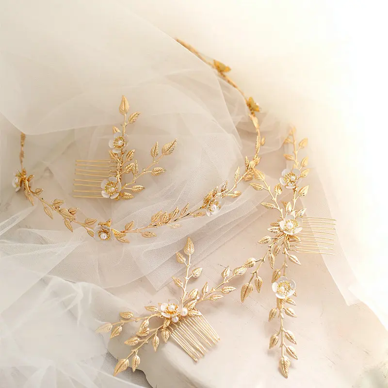 Простая головная повязка с золотыми листьями Свадебная расческа для волос Свадебные аксессуары для волос