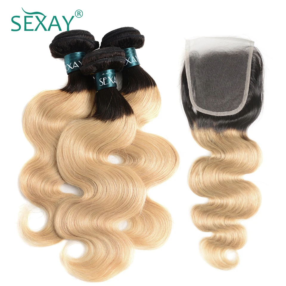 

SEXAY Blonde Hair 3 Bundles With Lace Closure 1B/27 Dark Roots Brazilian Body Wave Non Remy Hair Ombre Bundles With Closure