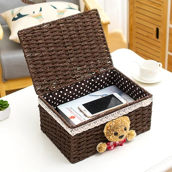 

Cartoon bear gift basket storage with lid hand made weave table straw storage baskets for decor rattan basket suits clothes