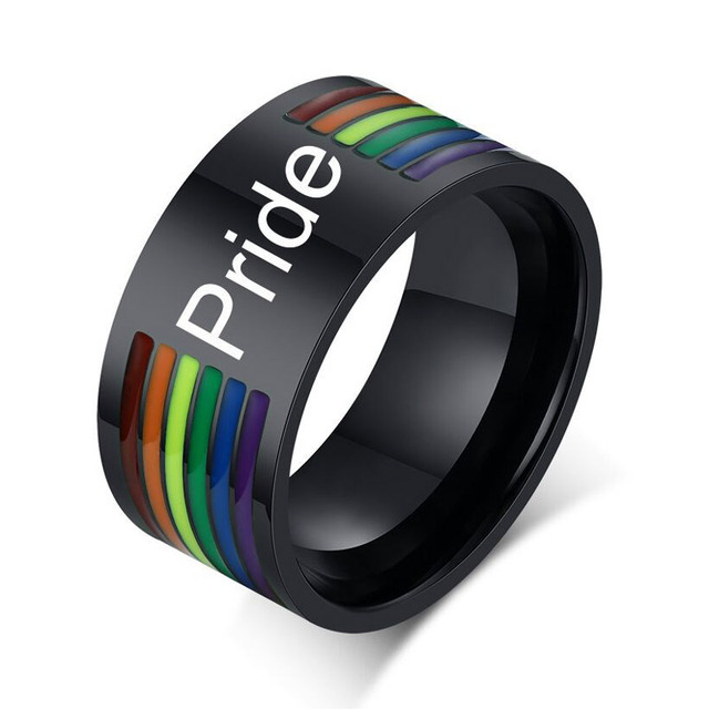 2022 New 10mm Stainless Steel Enamel Rainbow Lines LGBT Pride Rings for Man Woman Lesbian & Gay Wedding Bands Jewelry