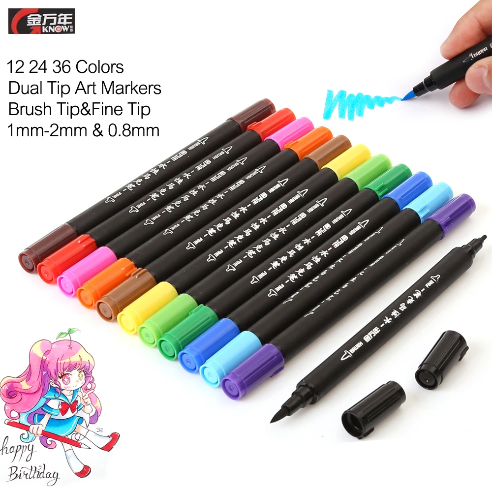 KNOW Premium 12 24 36 Colors Dual Tip Brush Art Markers Non Toxic