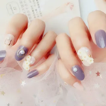 

Charming Ladies Fake Finger Nails with glue Pearl White Flowers Fake Nail Tips 24pcs Exquisite False artificial stiletto nails