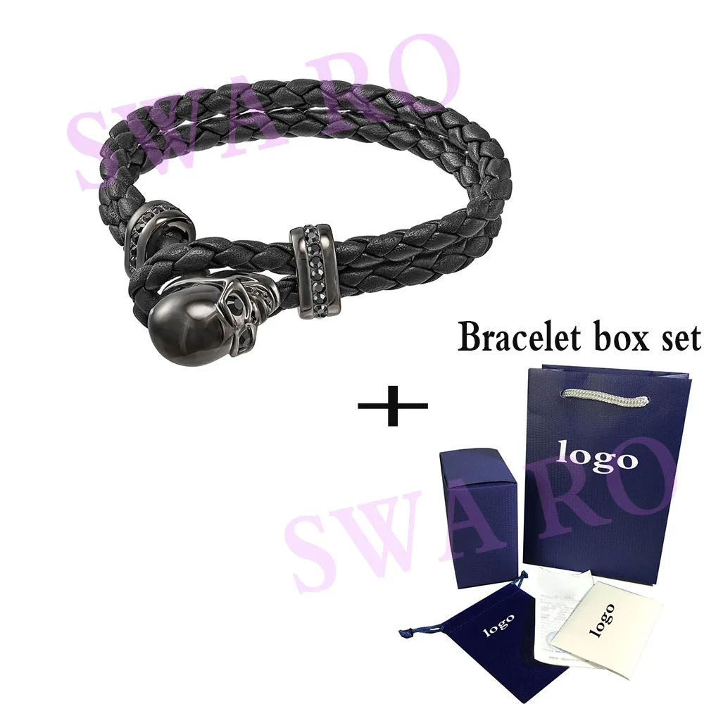 

SWA RO 2019 Fashion Handsome Accessories New Fran Bracelet Shiny Skull Black Leather Black Crystal Male Bracelet Jewelry Gift