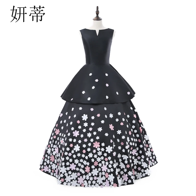 

Charming Black Satin Applique A Line Prom Dresses 2018 V Neckline Tiered Sleeveless Custom Made Women Formal Evening Dress