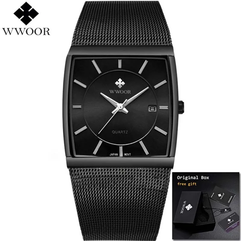 

WWOOR 2019 Men's Wrist Watches Top Brand Luxury Men Stainless Steel Square Watches Black Business Male Watches reloj hombre