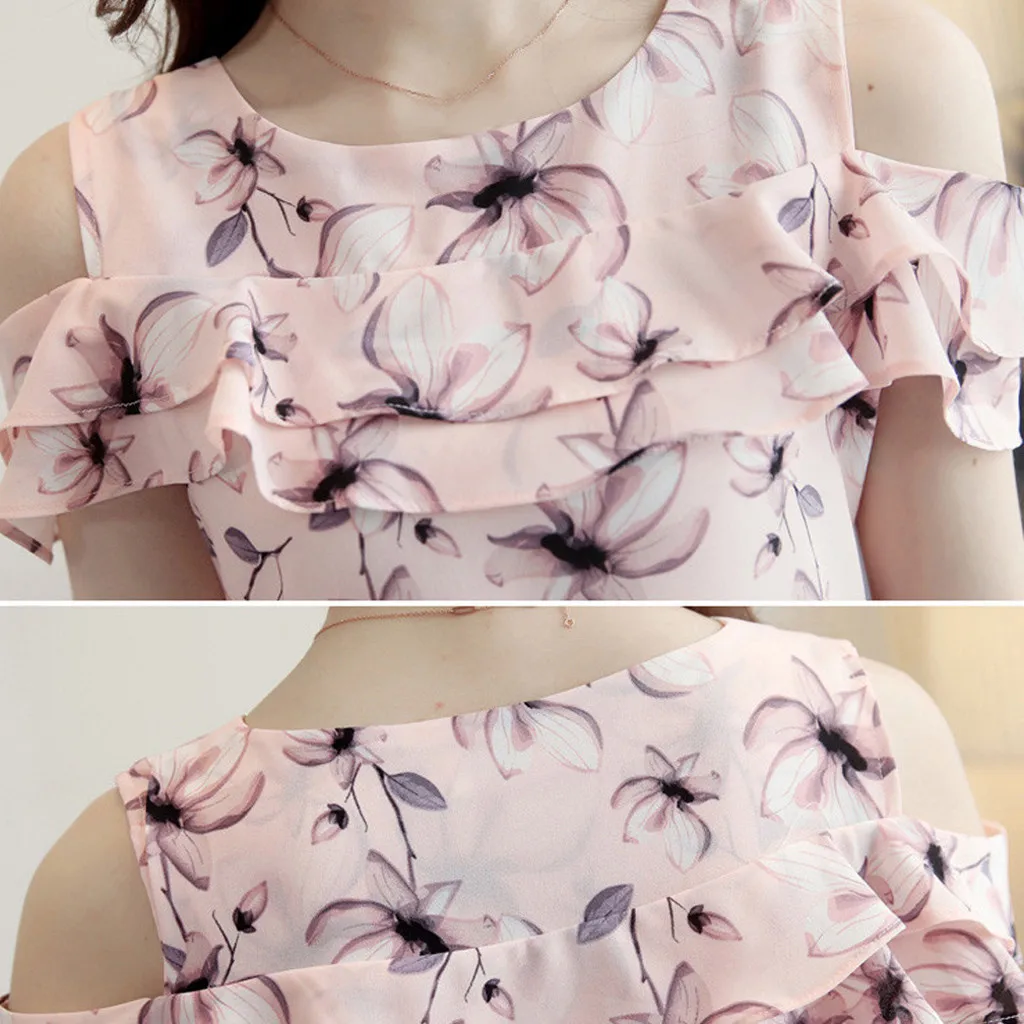 Летние женские топы с открытыми плечами и оборками, повседневные шифоновые блузки с цветочным принтом, шифоновая рубашка с открытыми плечами и коротким рукавом