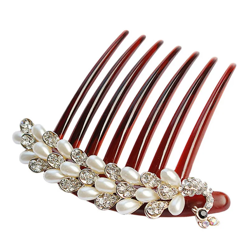 Fashion Women Hair Accessory Pearl Peacock Rhinestone Tuck Comb Hair