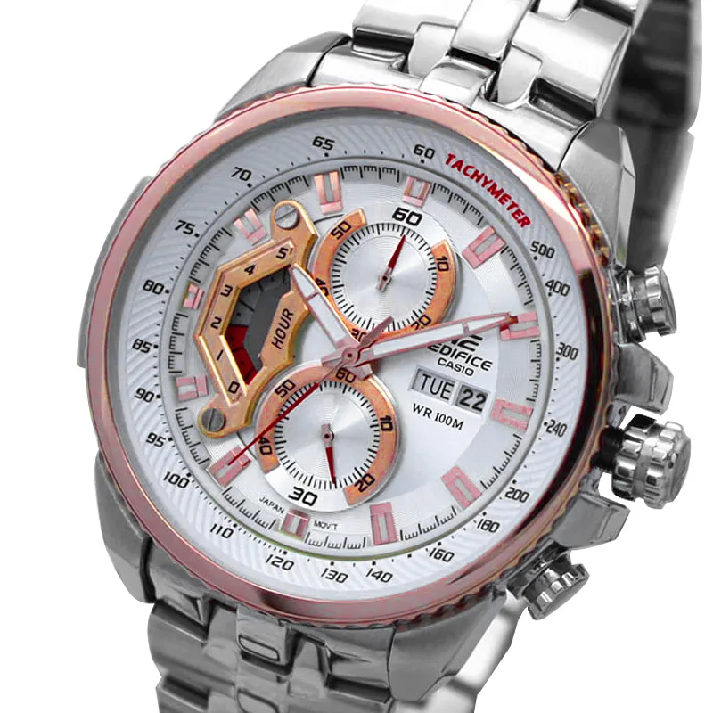 Casio Мужские часы с тремя глазами 100 метров водонепроницаемые спортивные гоночные настольные часы со стальным ремешком Мужские часы с белой пластиной стальной ремень EF-558
