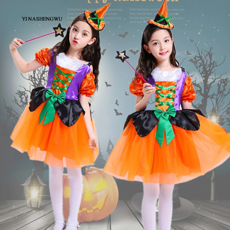 Детский карнавальный костюм на Хэллоуин; подарок на Хэллоуин; платье для выпускного вечера; комплект с юбкой эльфа для девочек; костюм ведьмы с желтой тыквой для костюмированной вечеринки
