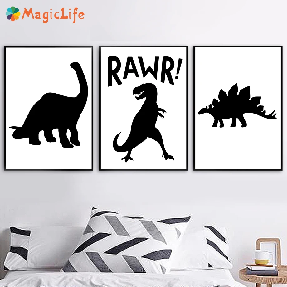 

Cartoon Dinosaur Black White Animal Decor Wall Art Canvas Painting Nordic Poster Wall Pictures For Kids Room Decor Unframed
