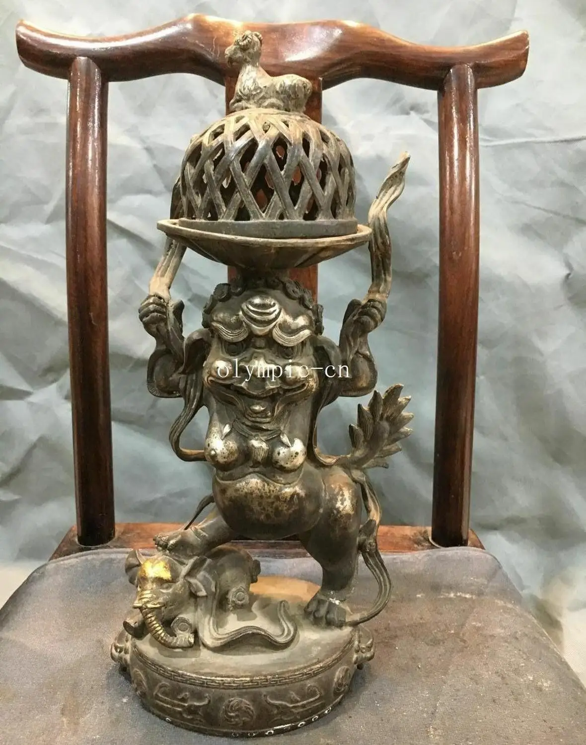 

14''bronze cupronickel buddhism beast Lion tread Elephant sheep cover censer