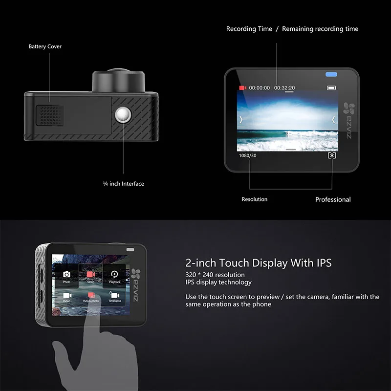 Экшн камера ezviz s1c 1080P30fps 2 дюймовый сенсорный экран Wi Fi|charger charger|camera car recordercamera recorder