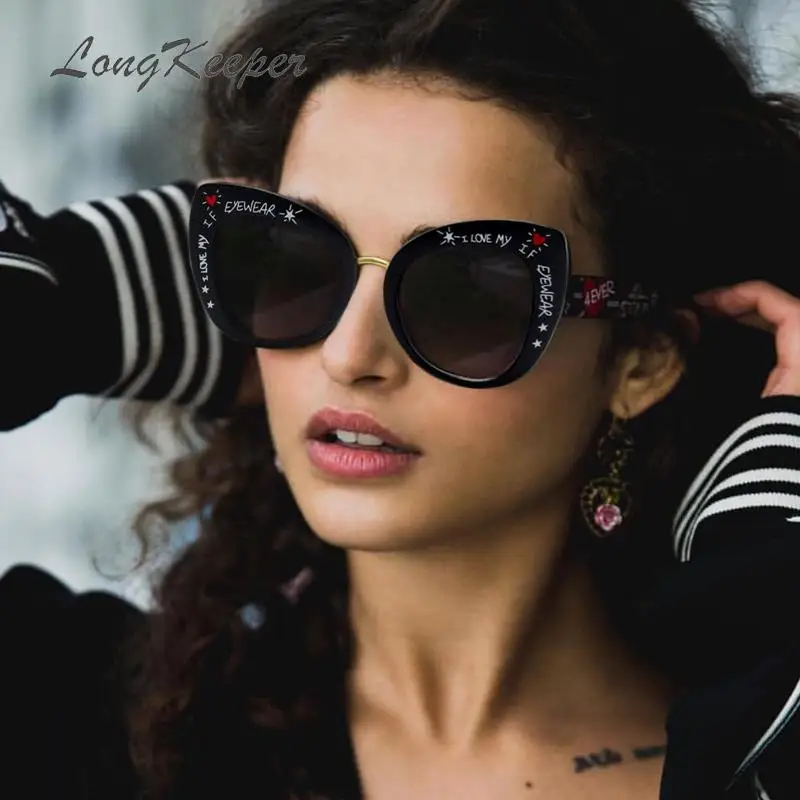 Longkeader Ретро кошачий глаз солнцезащитные очки для женщин печатные буквы любовь очки стимпанк Feminino Lunette Soleil 6933
