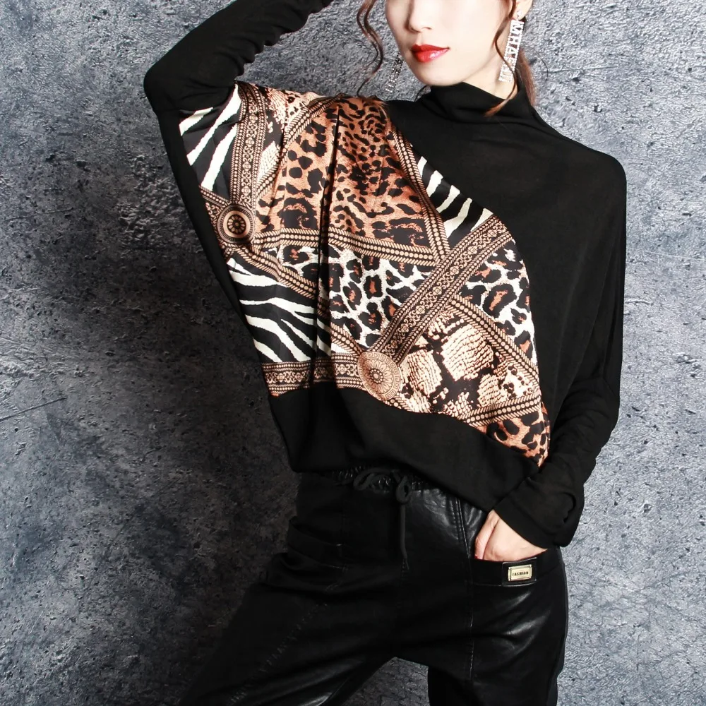 

Bat sleeve sweater women 2019 spring new fashion leopard loose shirt high collar women loose Knitwear 1931