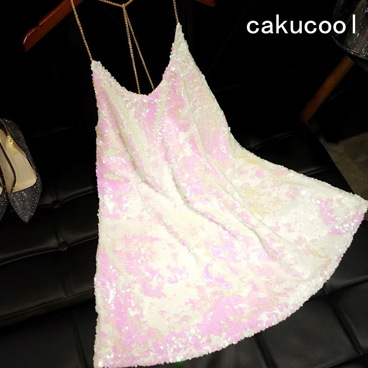 Cakucool/Новинка; платье на тонких бретелях с блестками; летнее роскошное шикарное мини-платье трапециевидной формы с открытой спиной; Клубные вечерние платья; тонкий сарафан розового цвета
