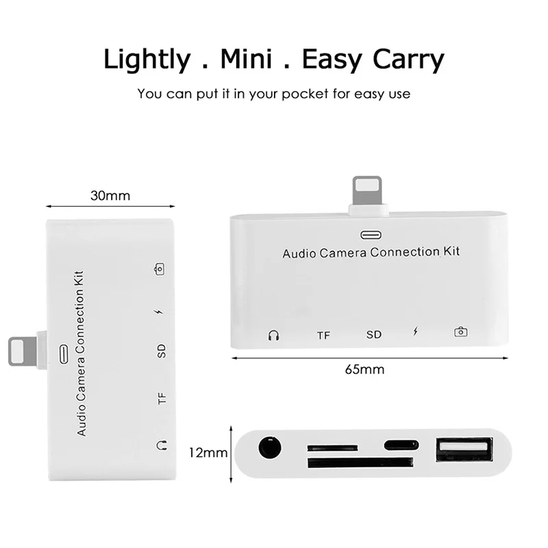 

For 5 in 1 Lightning to MiNi Audio Camera Connection Kit With TF SD Card Reader,3.5mm Audio Jack Adapter For iPhone iPad Series