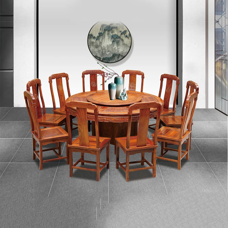 1.58M Hedgehog rosewood Round Table Set 10 Chair Solid Wood Armchair Desk Classic Red wooden Annatto Dining Room Furniture set