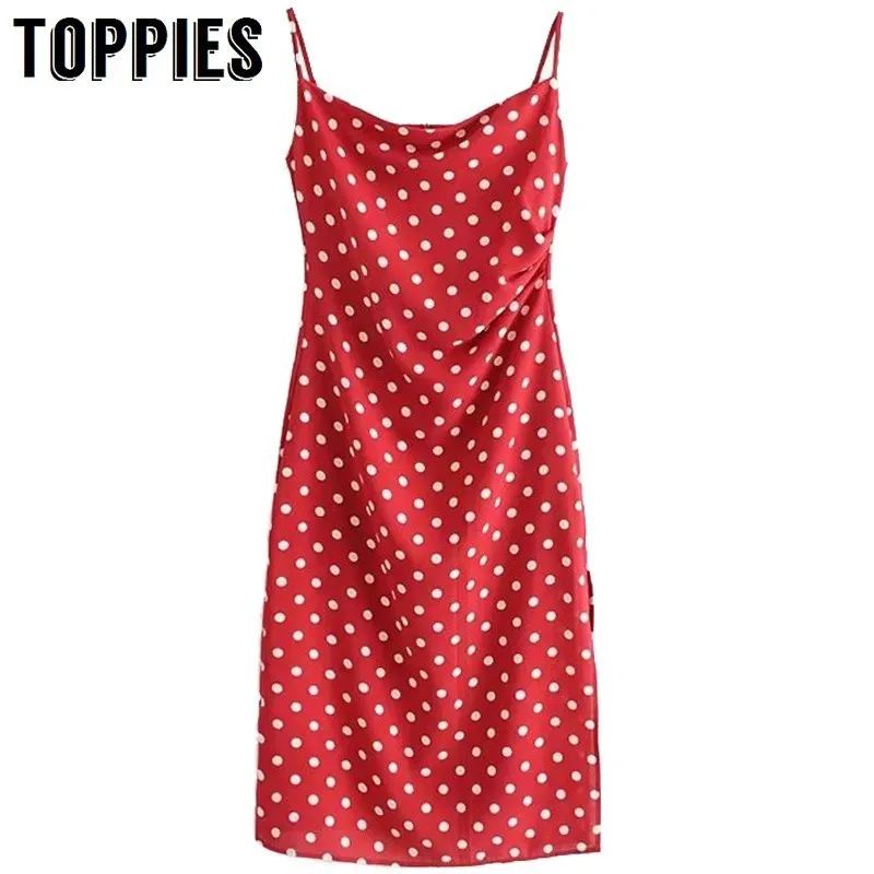 

2019 Summer Polka Dot Printing Party Dress Side Split Sexy Camisole Midi Dress Lady Elegant Vestidos robe longue