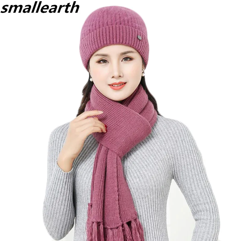 

New Winter Women Rabbit Fur Hat Scarf Set Warm Wool Knitted Plush Hat Scarf Sets Crochet Bonnet Mom Cap Gifts Twist Fleece Shawl