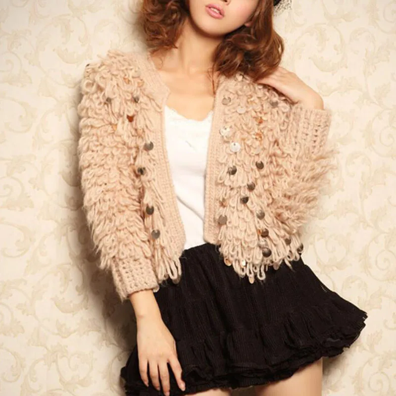 

Sweet Sequins Mohair Hollow knitted Sweater Cardigan Sequins tassels Coat High waist Hook Circle wool Jacket Open Stitch Outwear