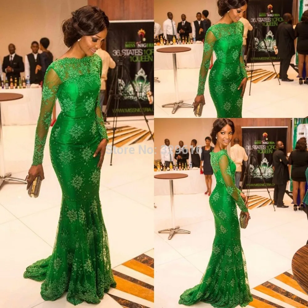 

Sexy Mermaid High Neck Mother of the Bride Dresses Long Sleeves Applique Green Satin Prom Gowns with Cap Sleeve NN1006