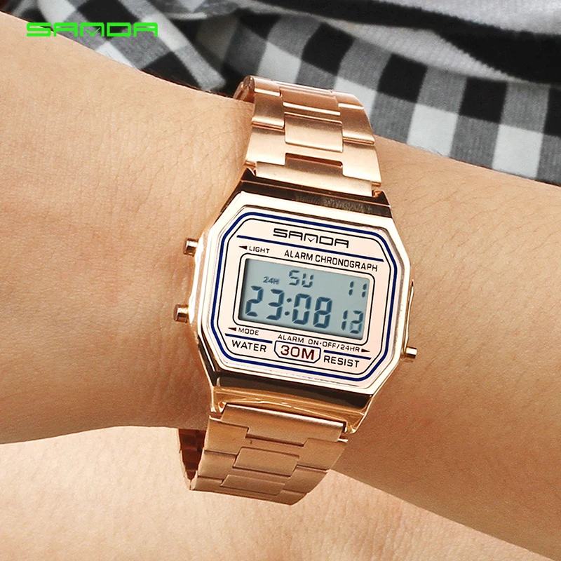 

2018 SANDA Rose Gold Sport Watches Women Luxury Golden LED Electronic Digital Watch Waterproof Ladies Clock Female Reloj Mujer
