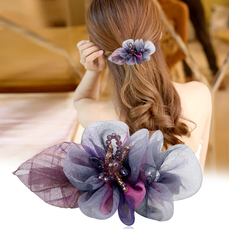 

Temperament Flower Headdress Hairpin Color Floral Juan Yarn Spring Clip Female Barrettes Rhinestone Hair Accessories for Women