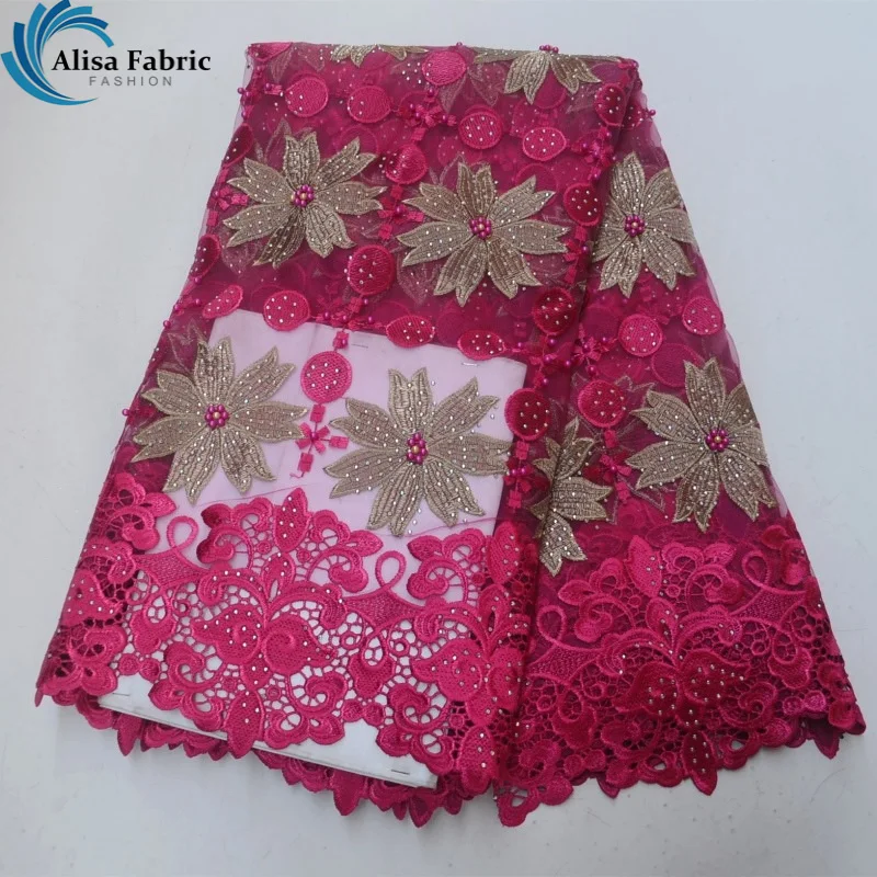 

Alisa Deep Pink French Lace in Switzerland Flower Embroider African French Lace Fabric with Stones Beads for 2018 Folk Costume