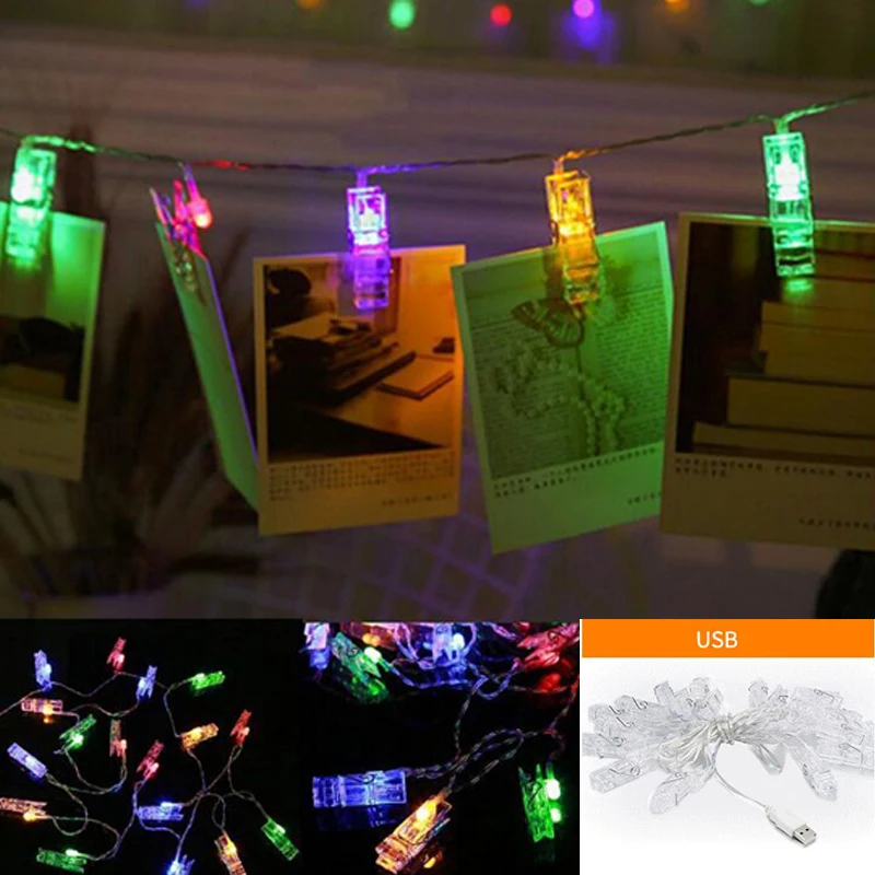 Garland Card Photo Clip LED Lights String 203040 LED Led Fairy Light Xmas Bedroom DIY Clothespin Shapes Battery Christmas Lamp (5)