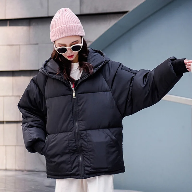 Новинка, корейский стиль, Зимняя женская куртка с капюшоном, большие размеры, свободное Женское пальто с подкладкой, Модная парка, Mujer Invierno - Цвет: Черный