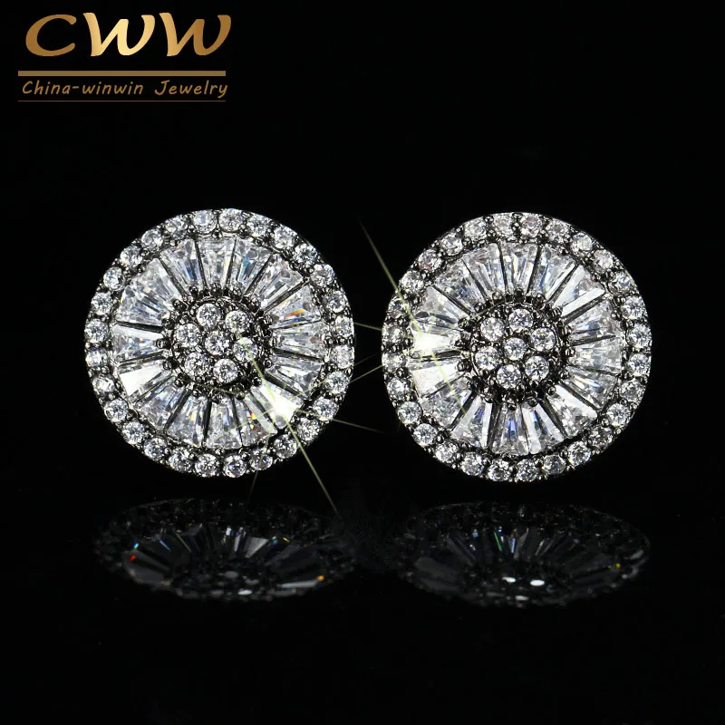 Beste CWWZircons Brand Uniek Ontwerp Zwart En Rose Goud Kleur CZ Stenen Ronde Earring Stud Stijl Oor Sieraden Voor Dames CZ026