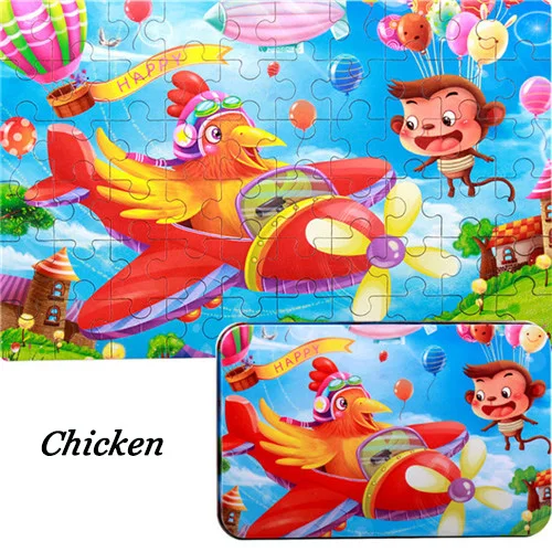 chicken Новейшие Детские игрушки 60 штук деревянные головоломки игрушки с железной коробкой Детские Мультяшные животные Развивающие игрушки для детей Рождественский подарок - Цвет: chicken